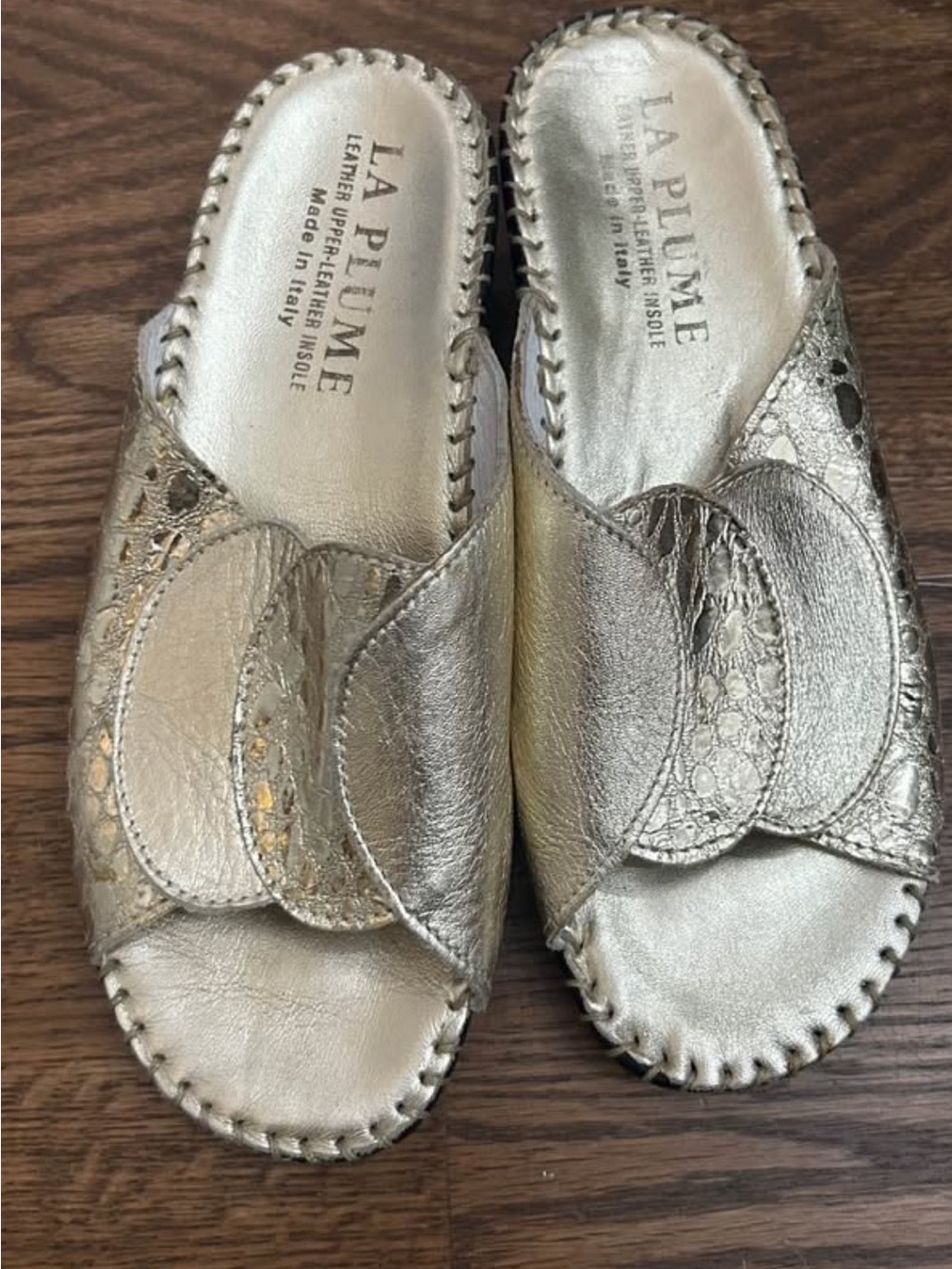La Plume Metallic Gold Leather Slide Mules - Women's